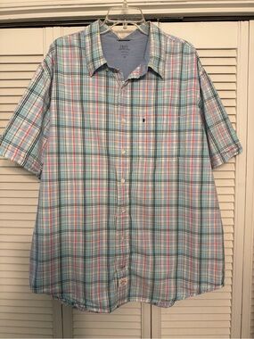 IZOD Men's Light Blue and Coral Plaid Short Sleeve Button-Down Shirt